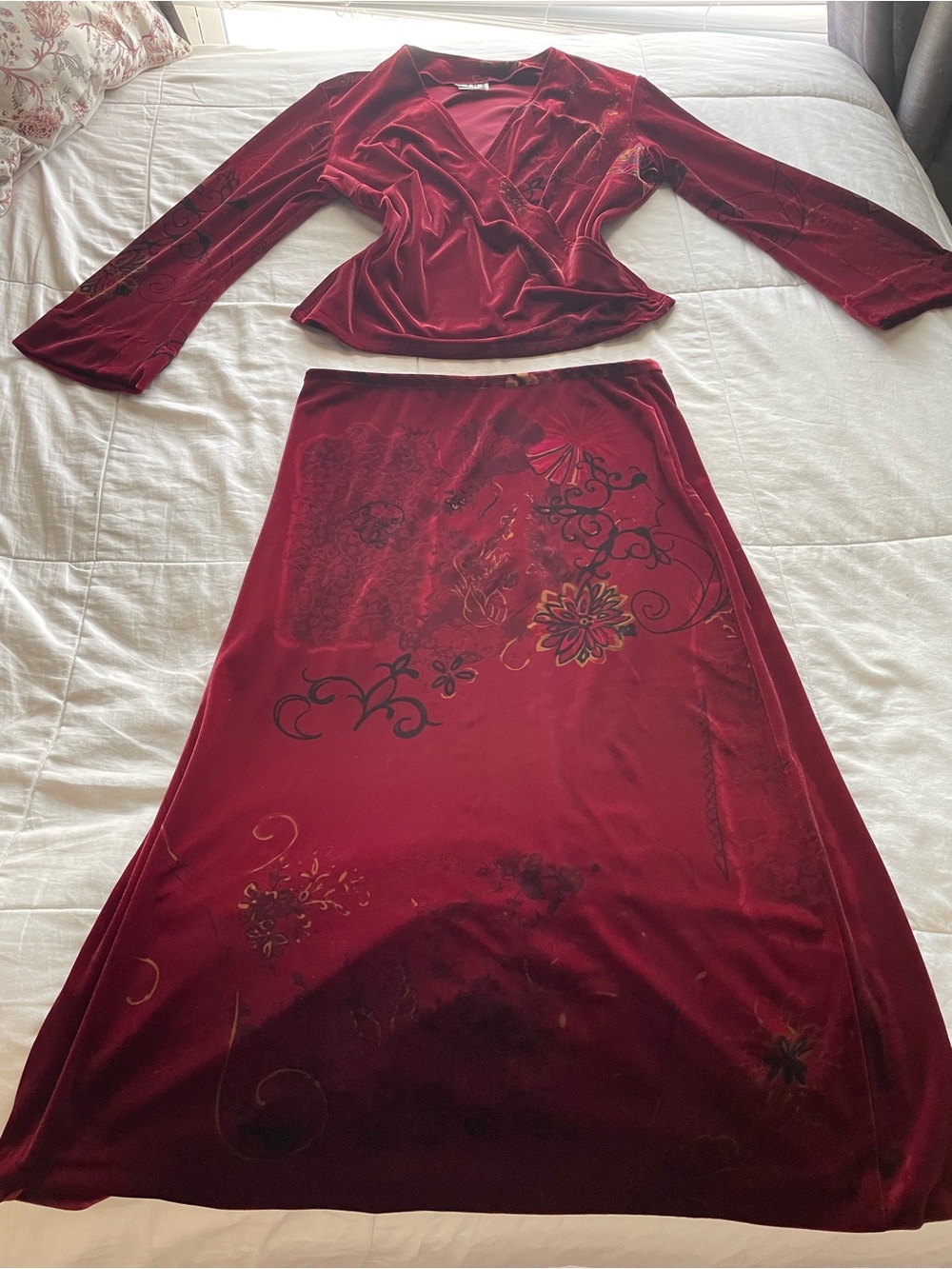 CLIO Vintage Maroon Velvet Wrap Top Maxi Skirt Set 8 Large Practical Magic Witch